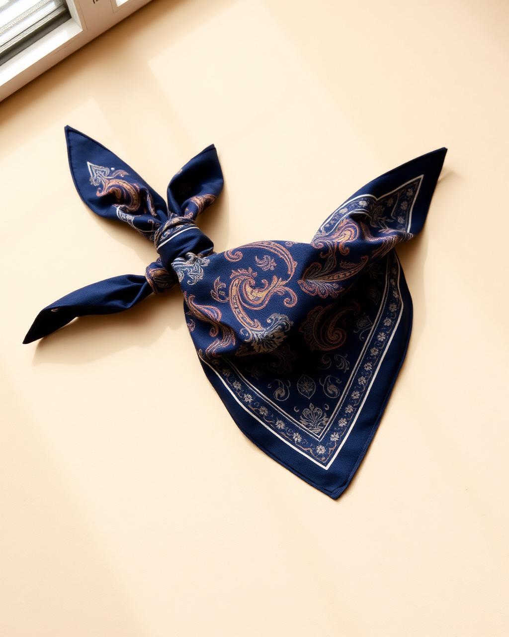 Navy silk-cotton bandana with paisley print, knotted.