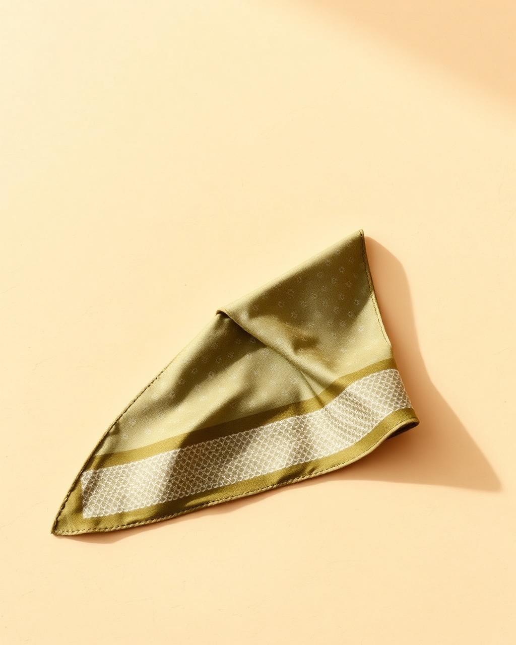 Olive silk-cotton bandana with micro-foulard pattern, folded triangle.