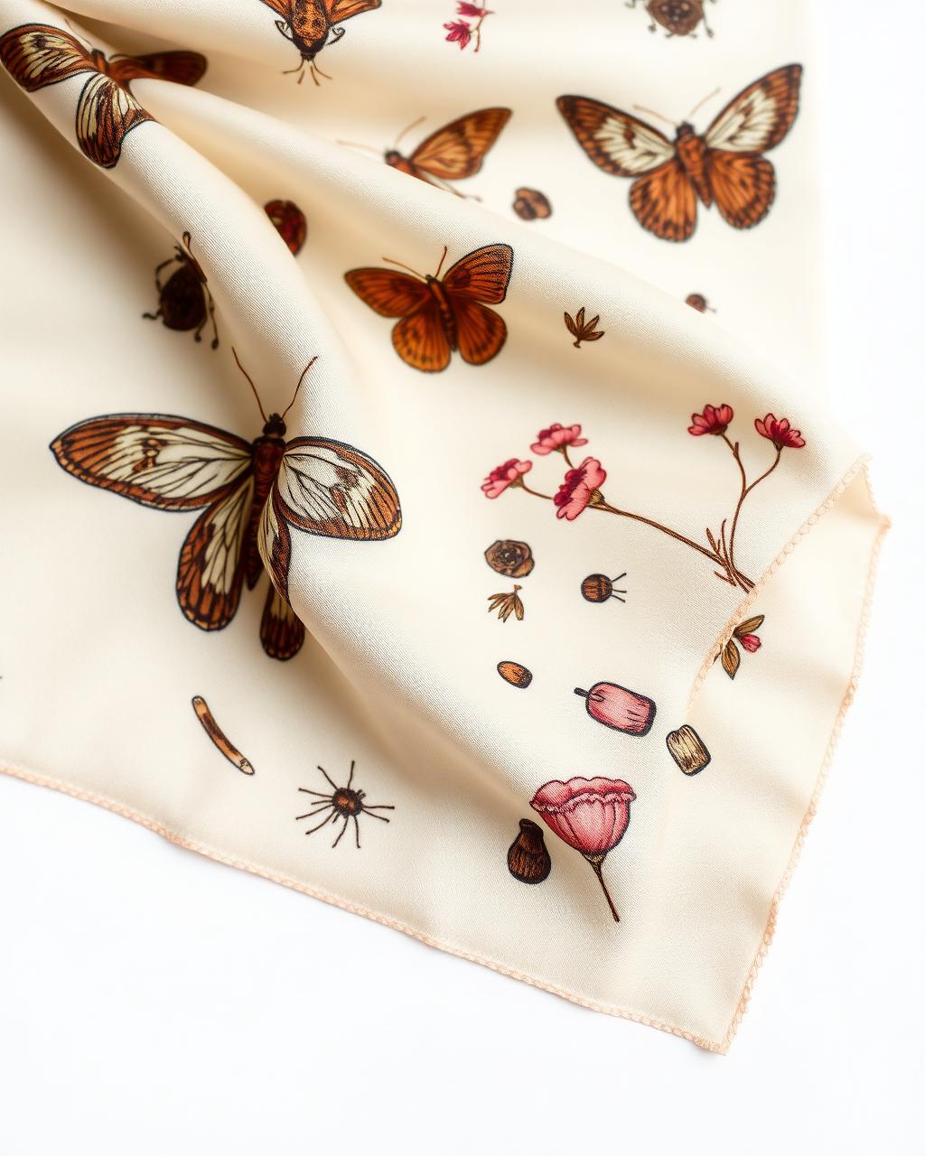 Cream silk scarf with moths, dried flowers, and small stones illustrated in sepia.