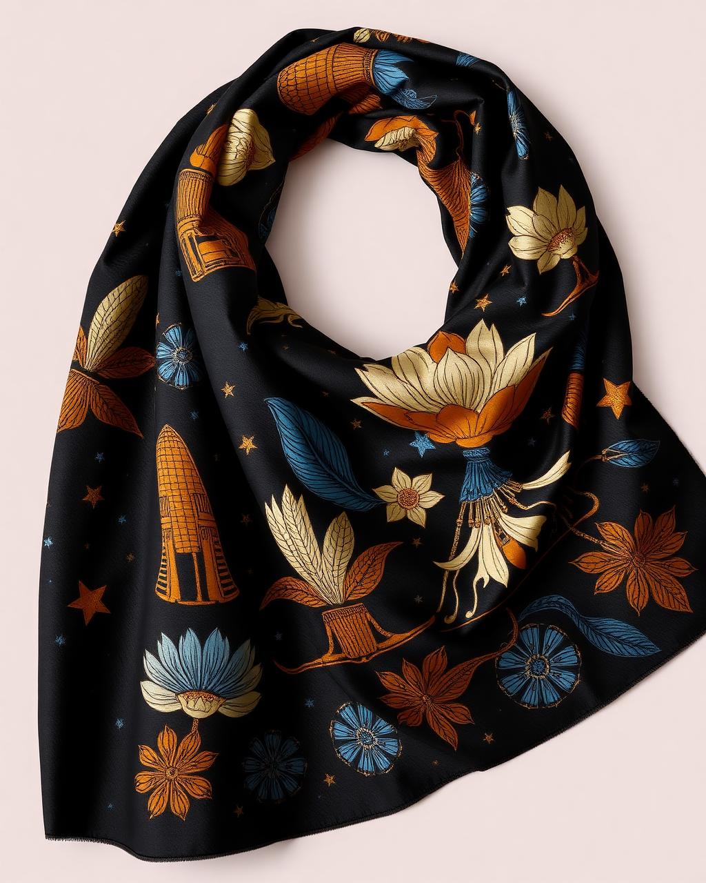 Black silk twill scarf with gold scarab, lotus, and stars motif.