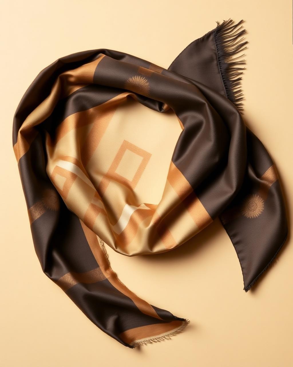 Charcoal and gold-brown silk twill scarf with geometric Art Deco pattern.